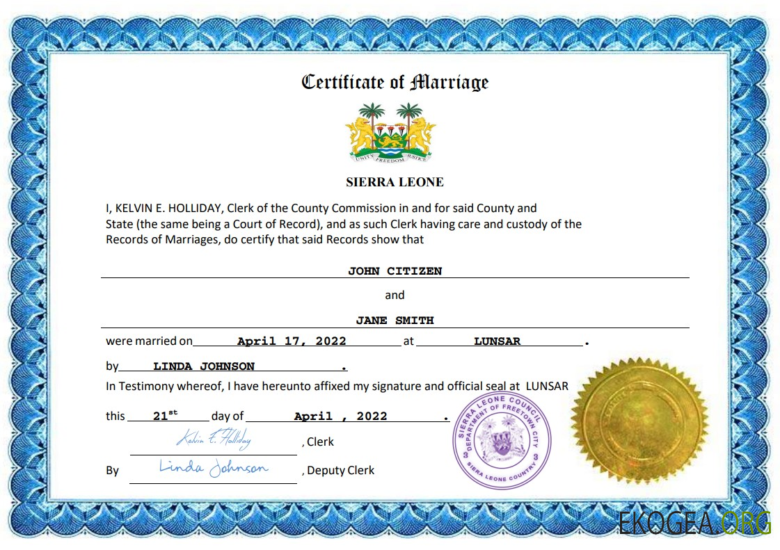 Modèle Word et PDF de certificat de mariage en Sierra Leone